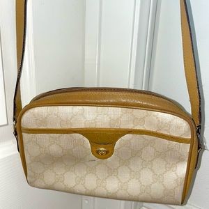 Authentic Vintage Gucci Monogram Crossbody Bag - Camel/Beige/Gold
